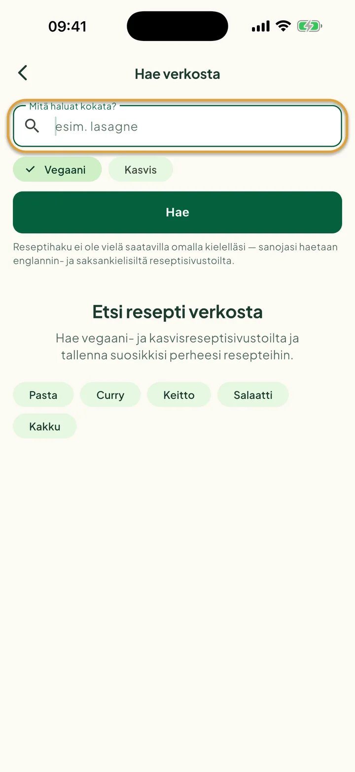 Näkymä Hae verkosta. Kenttä, johon kirjoitetaan, mitä haluat kokata, on ympyröity.