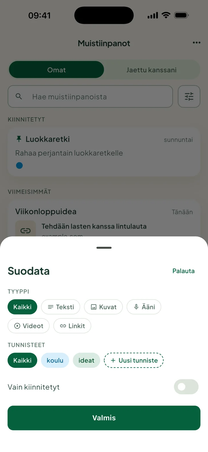Paneeli Suodata: Tyyppi, Tunnisteet ja Uusi tunniste sekä Vain kiinnitetyt.