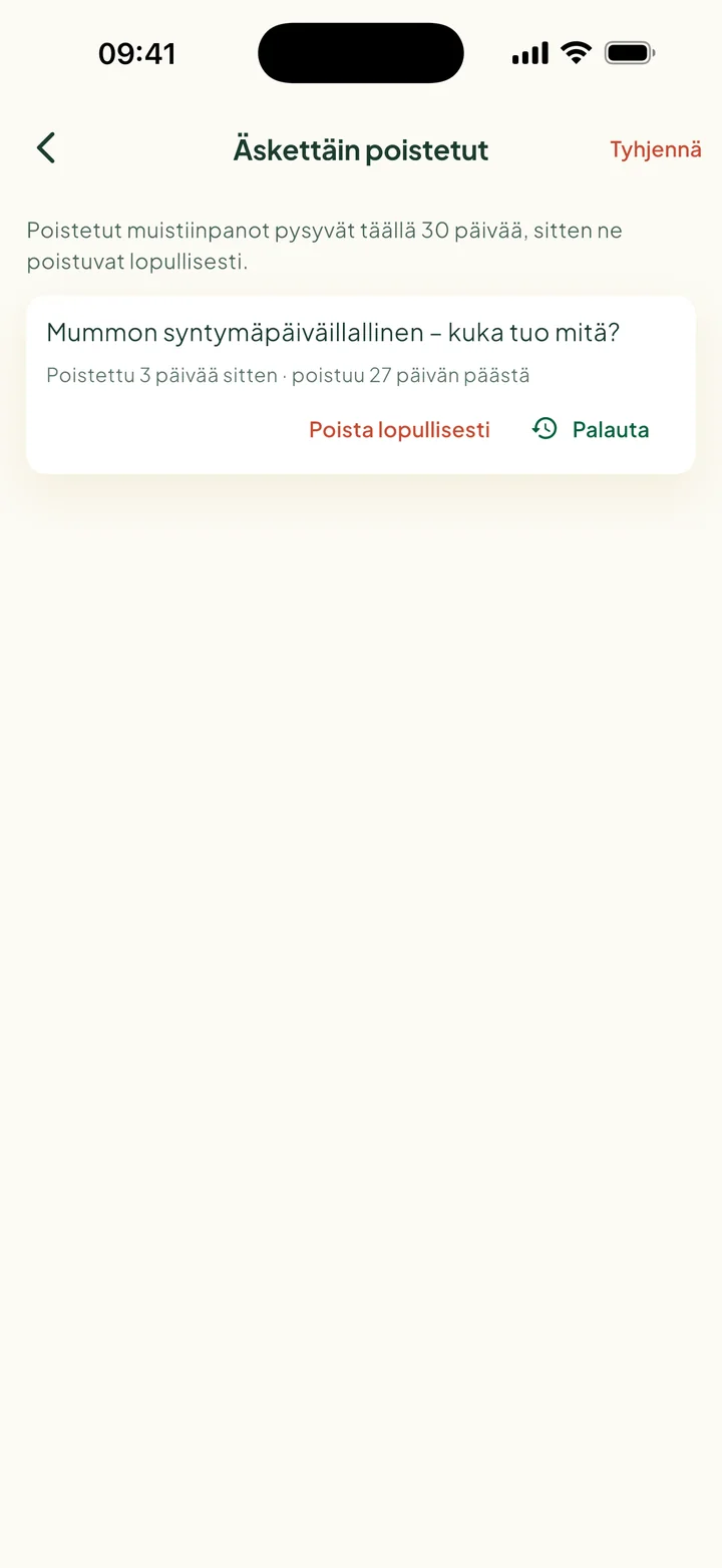 Äskettäin poistetut. Yksi muistiinpano, joka poistuu 27 päivän päästä, sekä Poista lopullisesti ja Palauta.