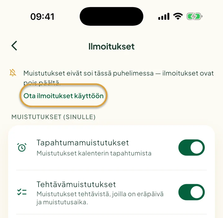 Ilmoitukset-näkymän yläosa, jossa on huomautus, että ilmoitukset ovat pois päältä. Ota ilmoitukset käyttöön on ympyröity.