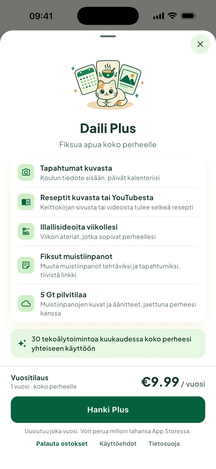 Daili Plus -paneeli: mitä saat, vuosihinta ja painike Hanki Plus.