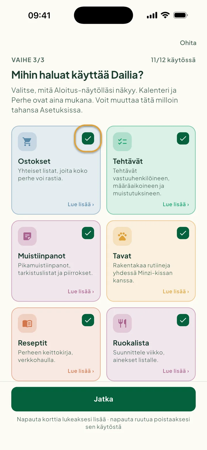 Toimintokortit. Ostokset-kortin valintaruutu on ympyröity.