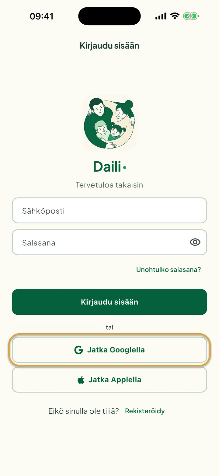 Kirjautumisnäyttö. Painike Jatka Googlella on ympyröity.