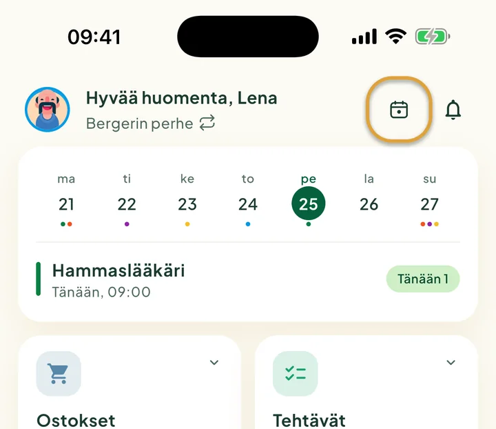 Aloitusnäytön yläosa. Painike Tänään kellon vieressä on ympyröity.