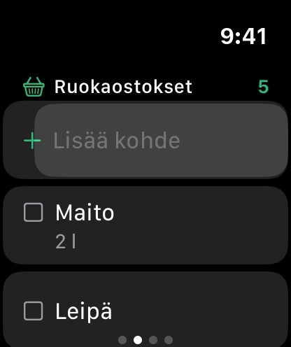 Ostoslista kellossa, ylhäällä Lisää kohde.