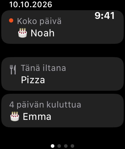 Seuraavaksi kellossa: syntymäpäivä tänään, illan ruoka ja syntymäpäivä 4 päivän päästä.