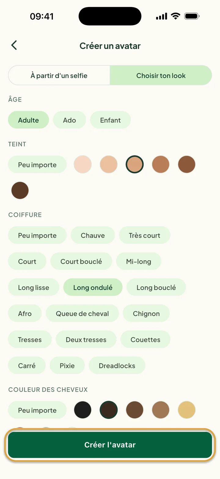 Choisir ton look avec Adulte, un teint, et les cheveux Long ondulé et Brun foncé choisis. Créer l'avatar est entouré.