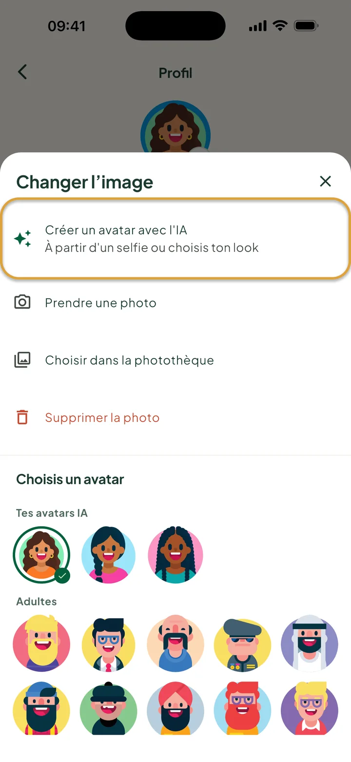La fiche Changer l'image. Créer un avatar avec l'IA est entouré. Sous Choisis un avatar, Tes avatars IA montre trois versions.