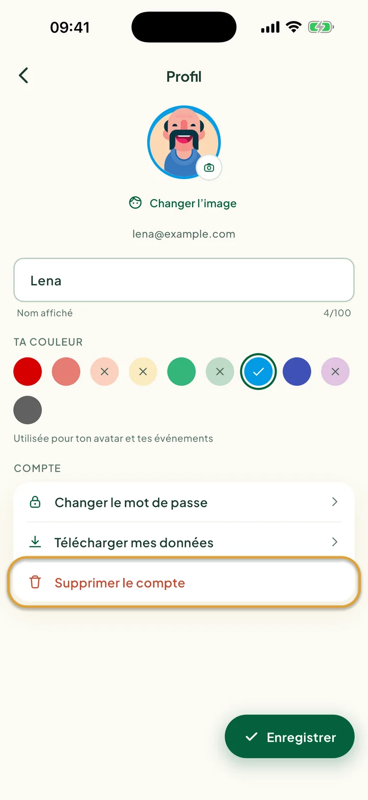L'écran Profil. Supprimer le compte, la dernière ligne sous Compte, est entouré.