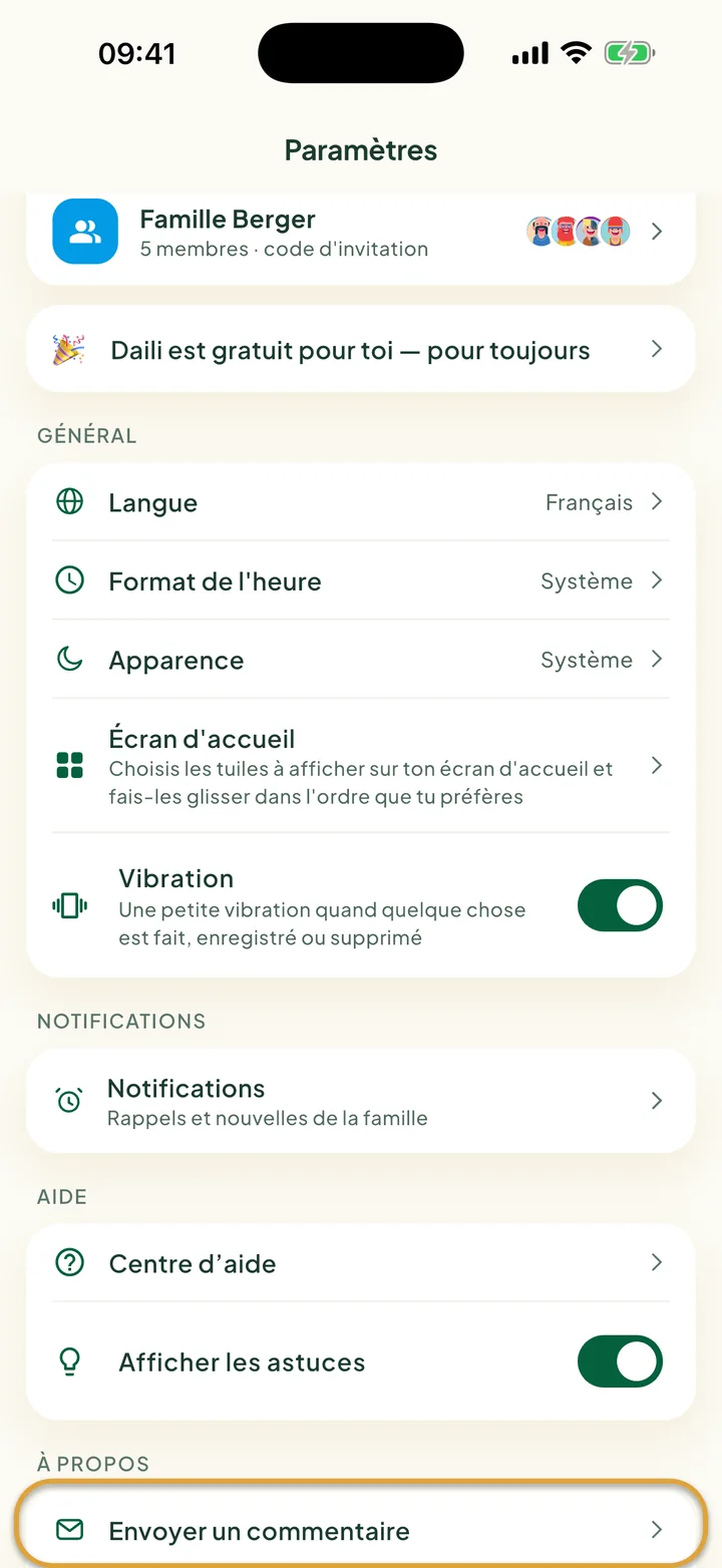 L'écran Paramètres. Envoyer un commentaire, sous À propos, est entouré.