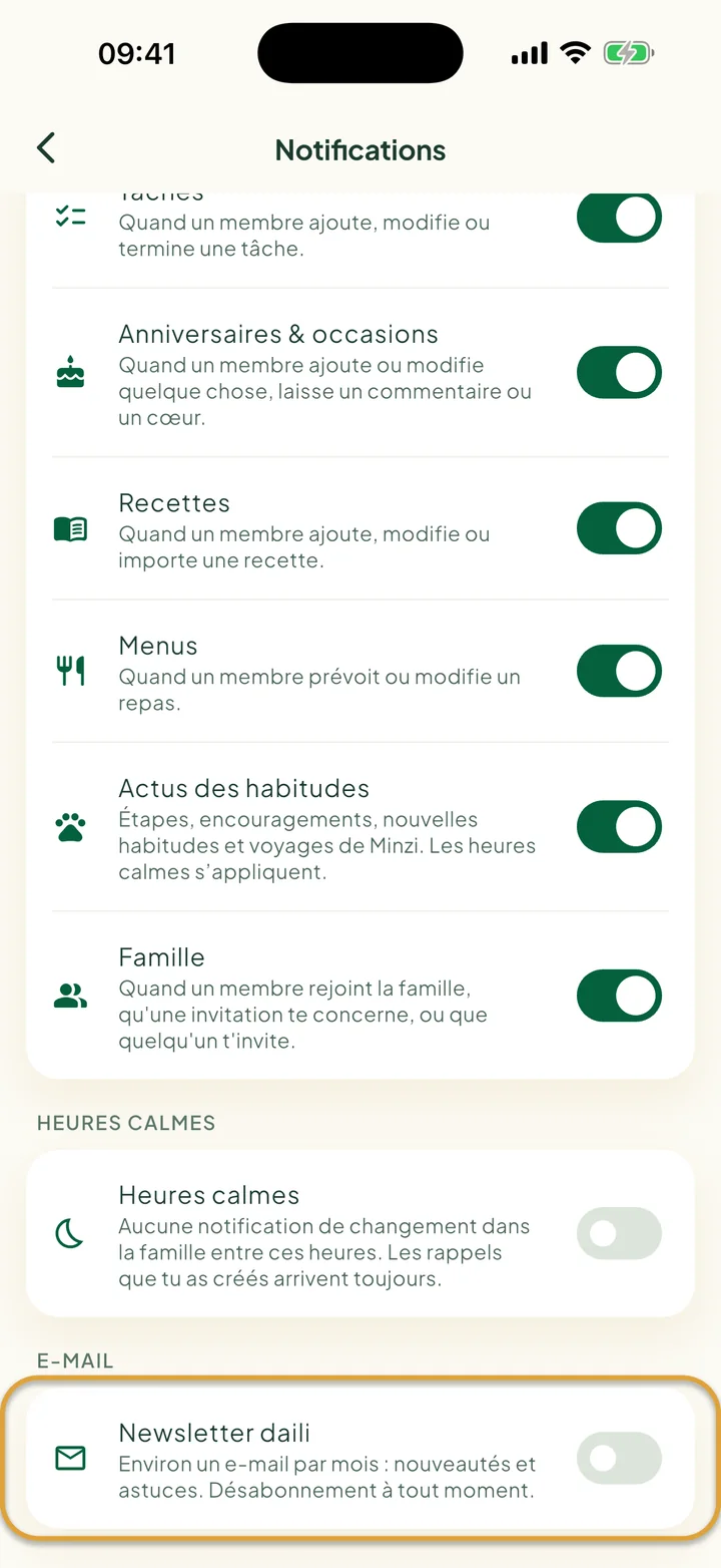 Le bas de l'écran Notifications. L'interrupteur Newsletter daili, sous E-mail, est entouré.