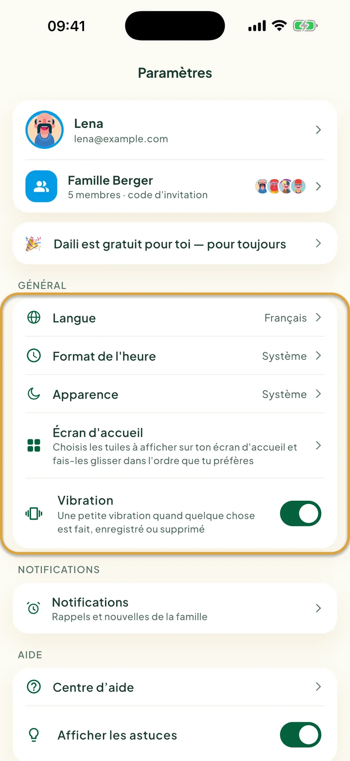 L'écran Paramètres. La carte Général avec Langue, Format de l'heure, Apparence, Écran d'accueil et Vibration est entourée.