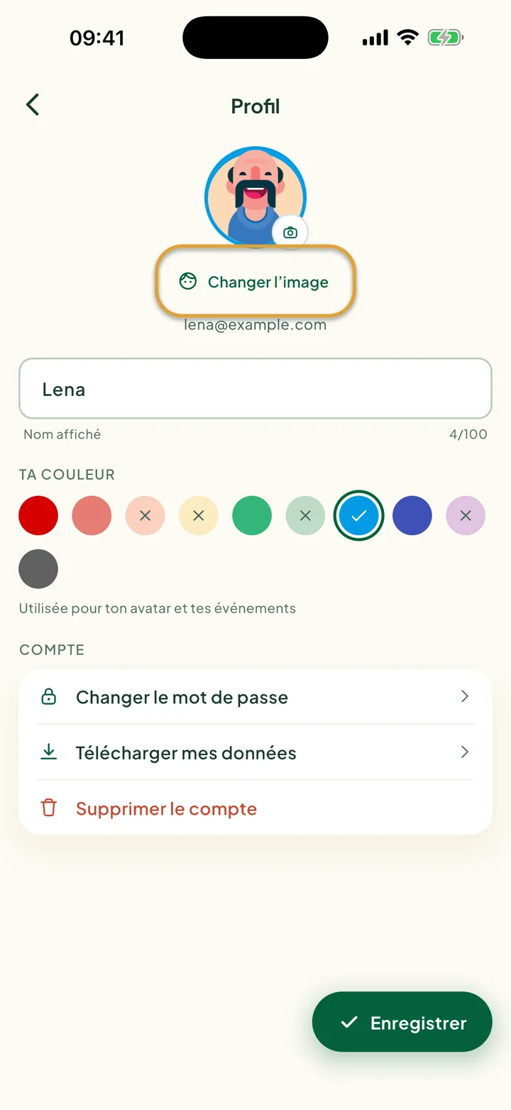 L'écran Profil avec le nom, les couleurs et les lignes du compte. Changer l'image est entouré.