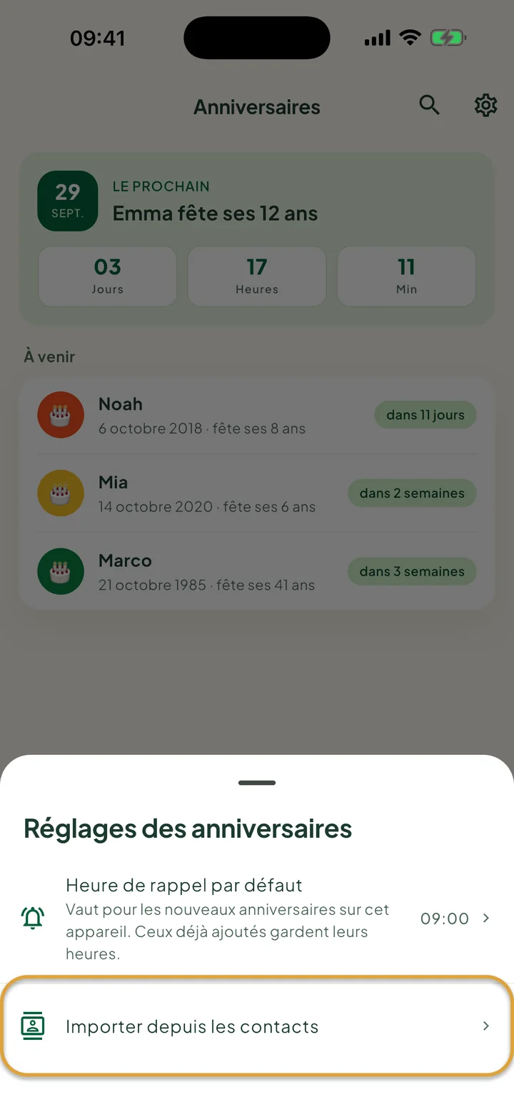 La fiche des réglages des anniversaires. La ligne Importer depuis les contacts est entourée.