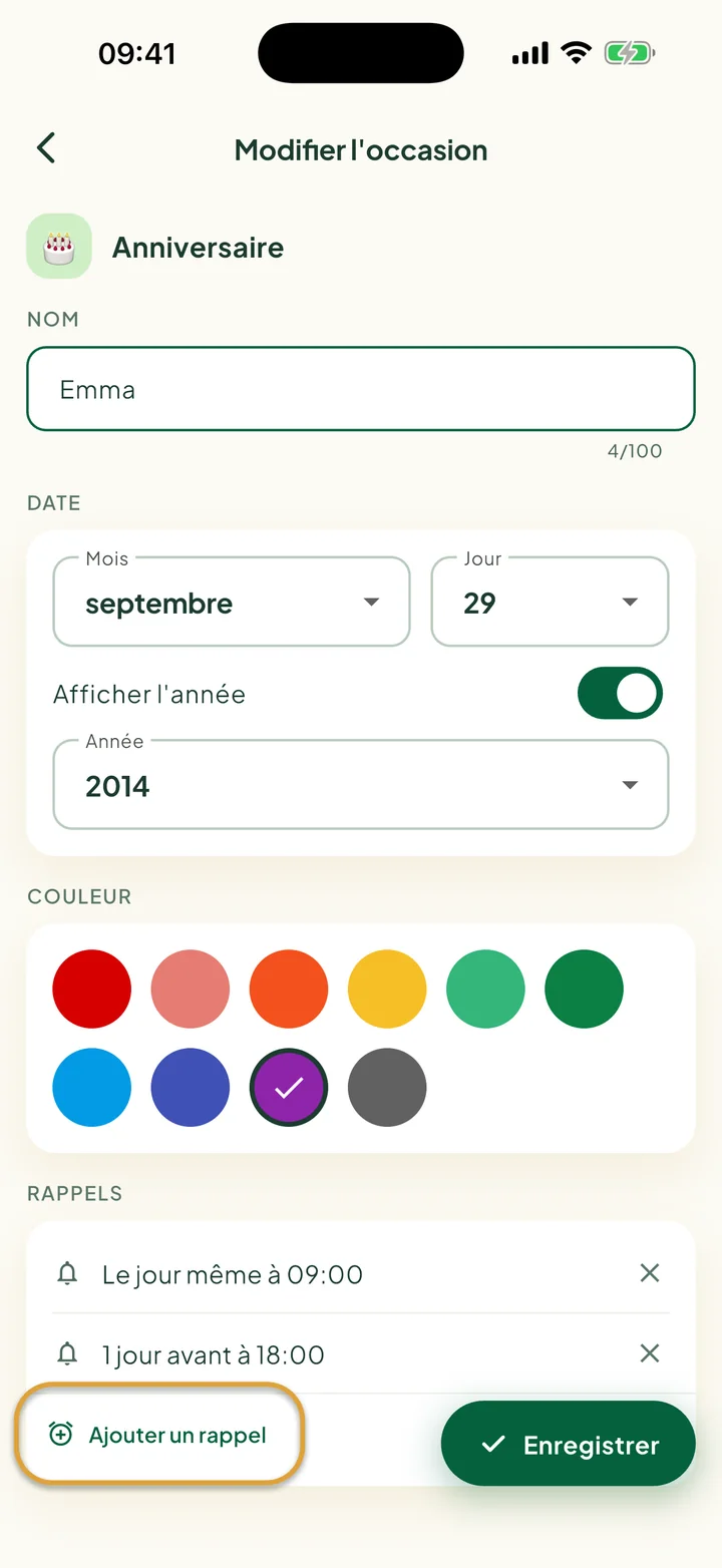 L'écran de modification d'une occasion avec deux rappels. Le bouton Ajouter un rappel est entouré.