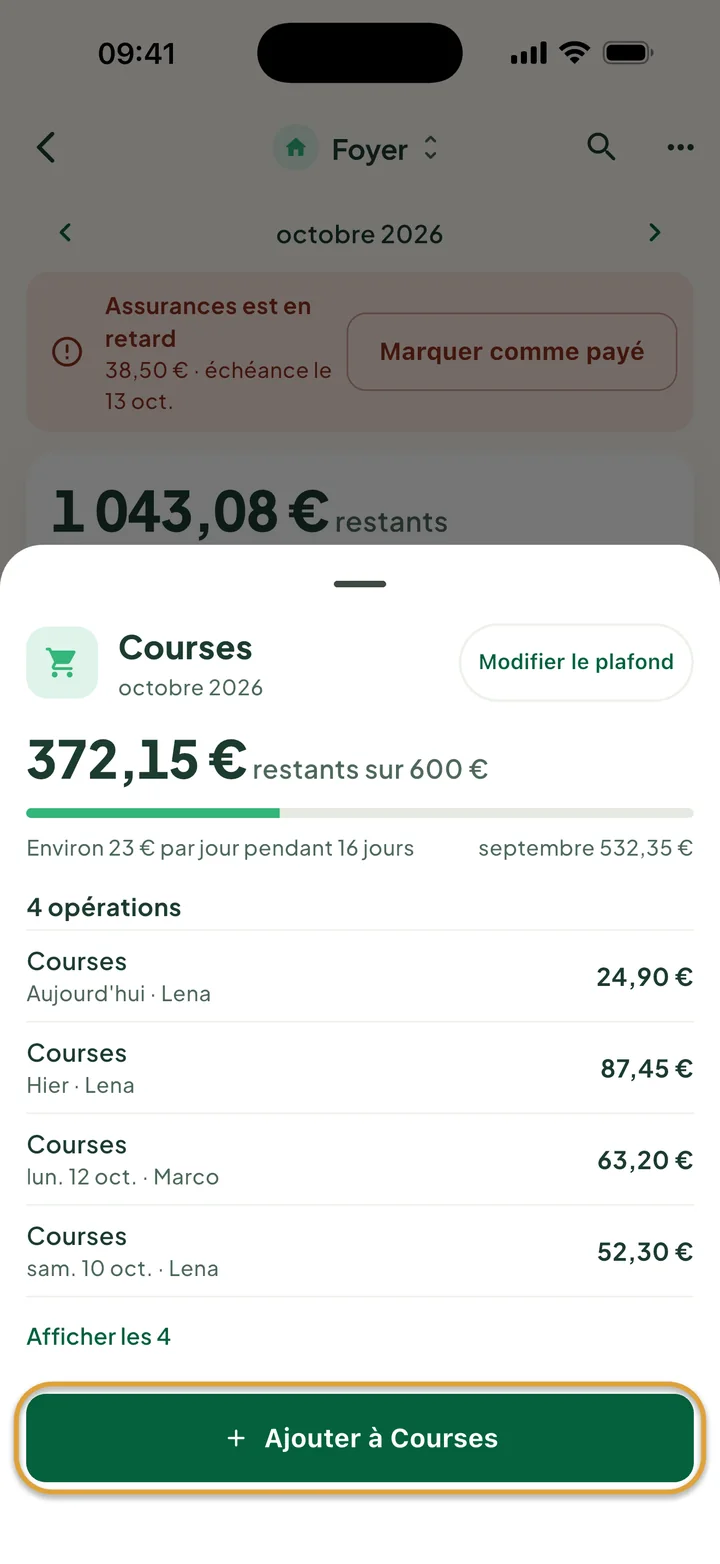 La fiche Courses : 372,15 € restants sur 600 € et quatre opérations. Le bouton Ajouter à Courses est entouré.