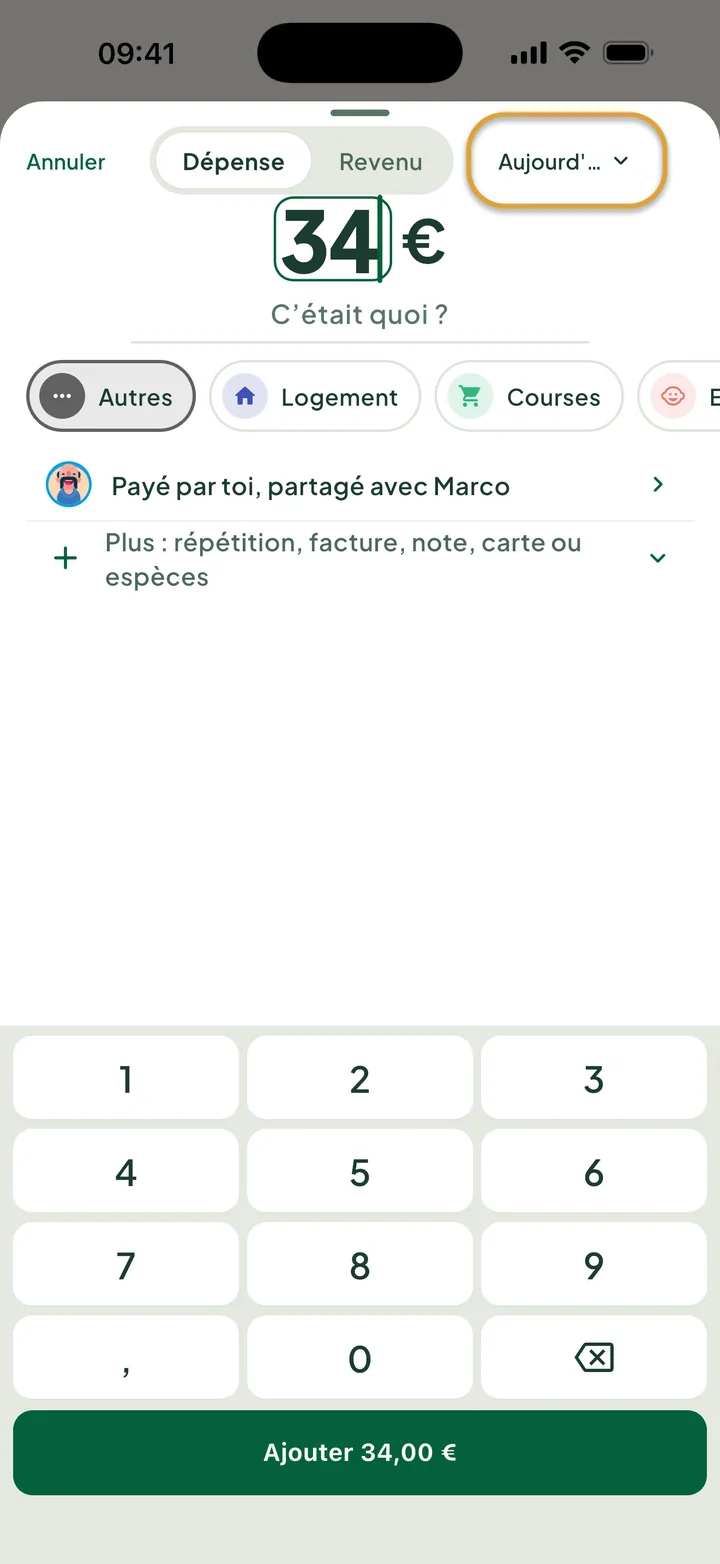 L'ajout d'une dépense de 34 € avec le pavé numérique. Le bouton Aujourd'hui en haut est entouré.