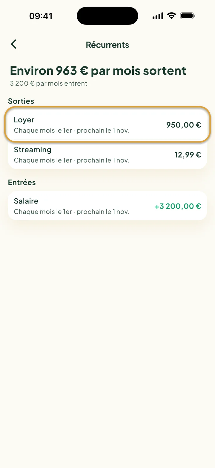 L'écran Récurrents : environ 963 € par mois sortent, 3 200 € entrent. Loyer est entouré.