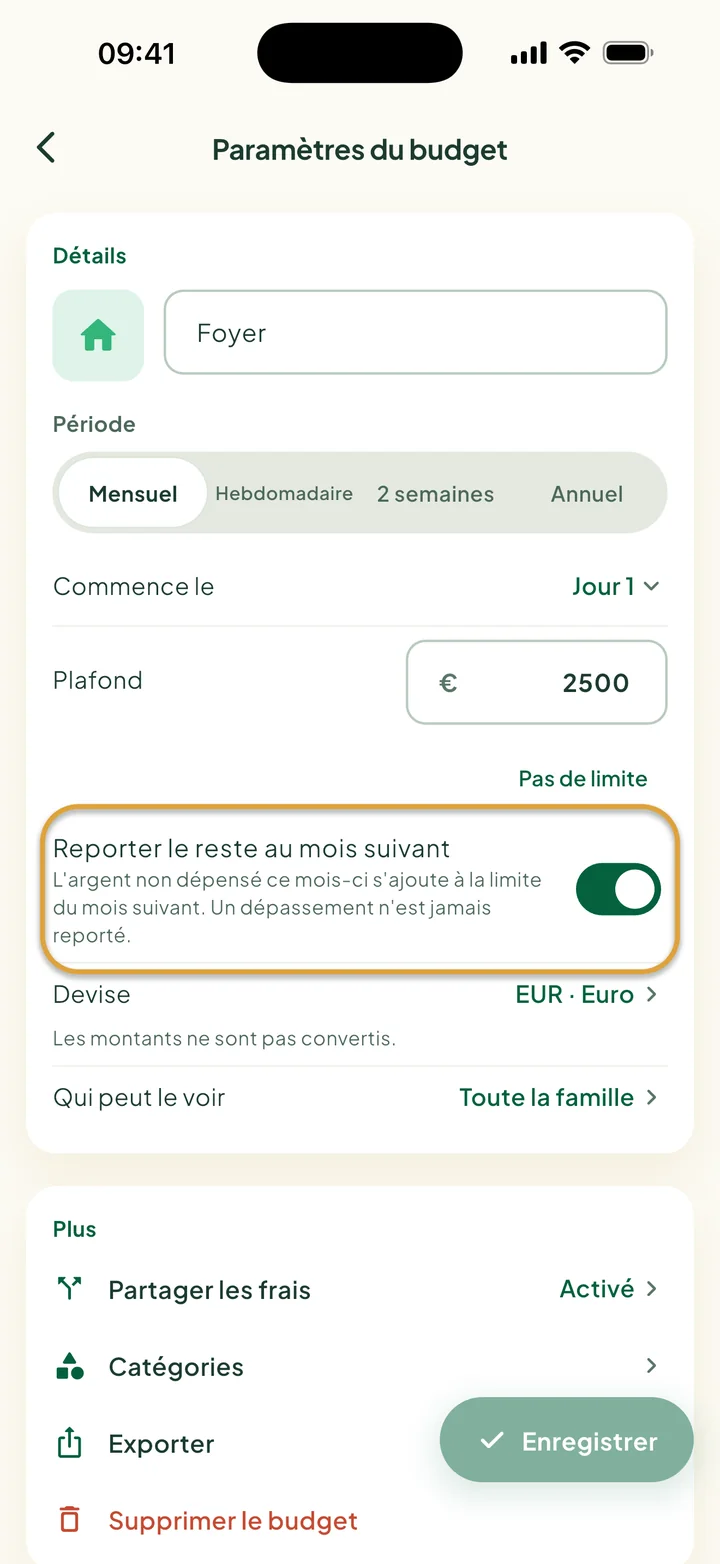 Les paramètres du budget avec Reporter le reste au mois suivant activé. L'interrupteur est entouré.