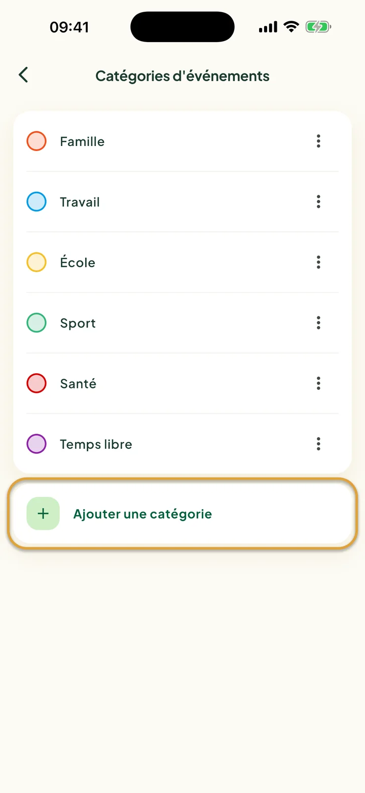 L'écran Catégories d'événements avec six catégories. La ligne Ajouter une catégorie est entourée.