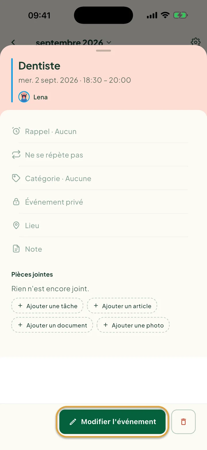 Un événement ouvert depuis l'agenda. Le bouton Modifier l'événement est entouré, avec le bouton de suppression à côté.