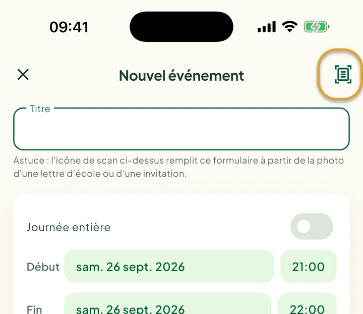 L’écran Nouvel événement. L’icône de scan en haut à droite est entourée.