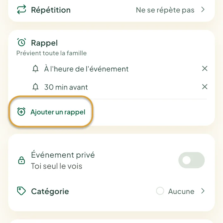 La section Rappel du formulaire avec deux rappels. Le bouton Ajouter un rappel est entouré.