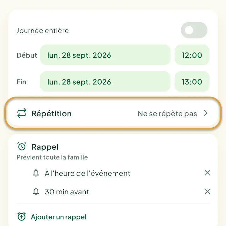 Le formulaire de nouvel événement. La ligne Répétition est entourée.