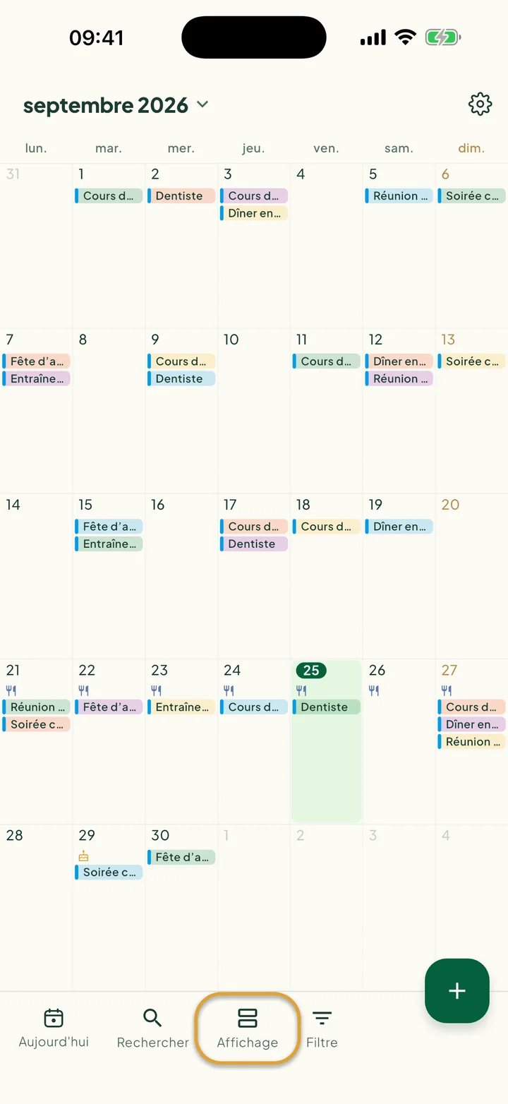 L'agenda en vue Mois. Le bouton Affichage dans la barre du bas est entouré.