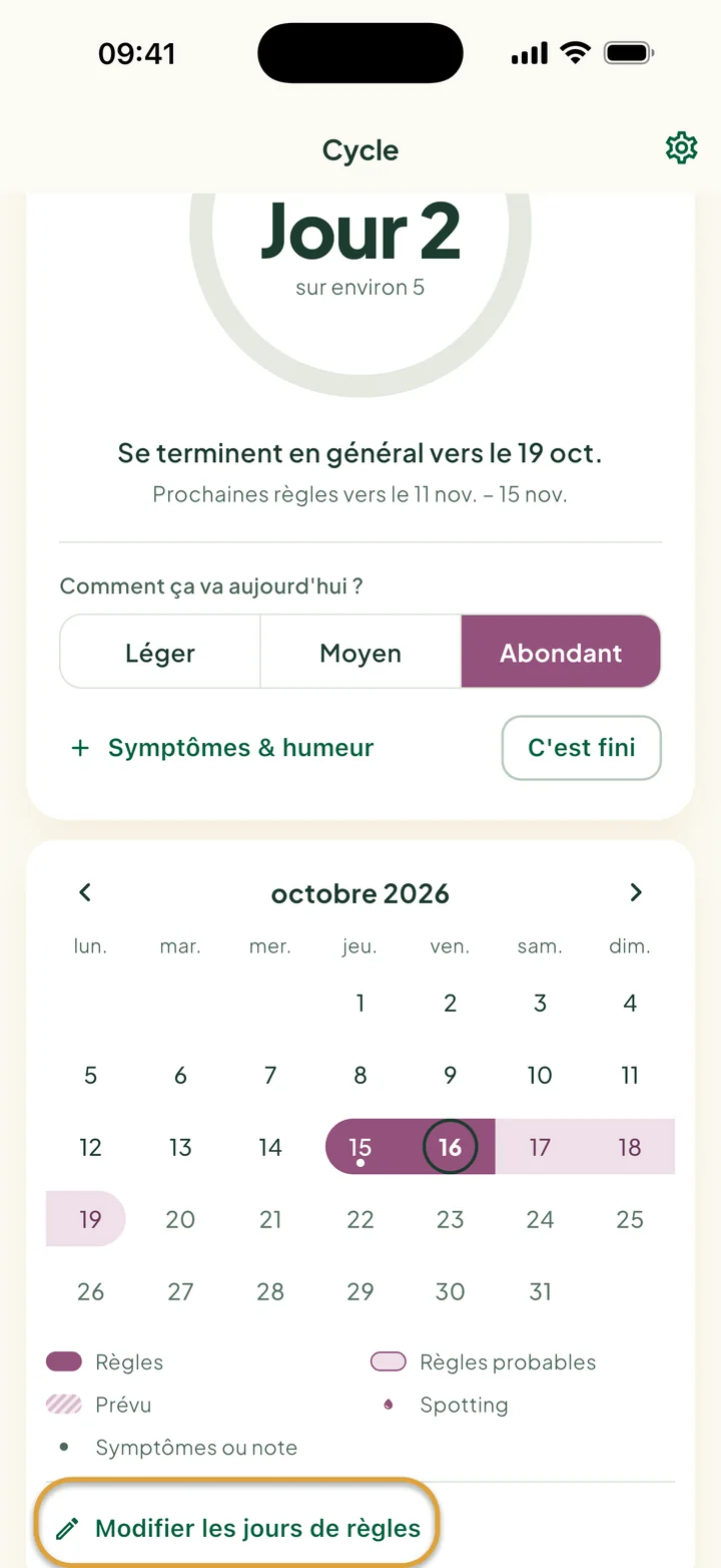 Le mois de Cycle au jour 2 des règles : une bande les 15 et 16 oct., des jours pâles ensuite et aujourd'hui entouré d'un anneau. Modifier les jours de règles est entouré.
