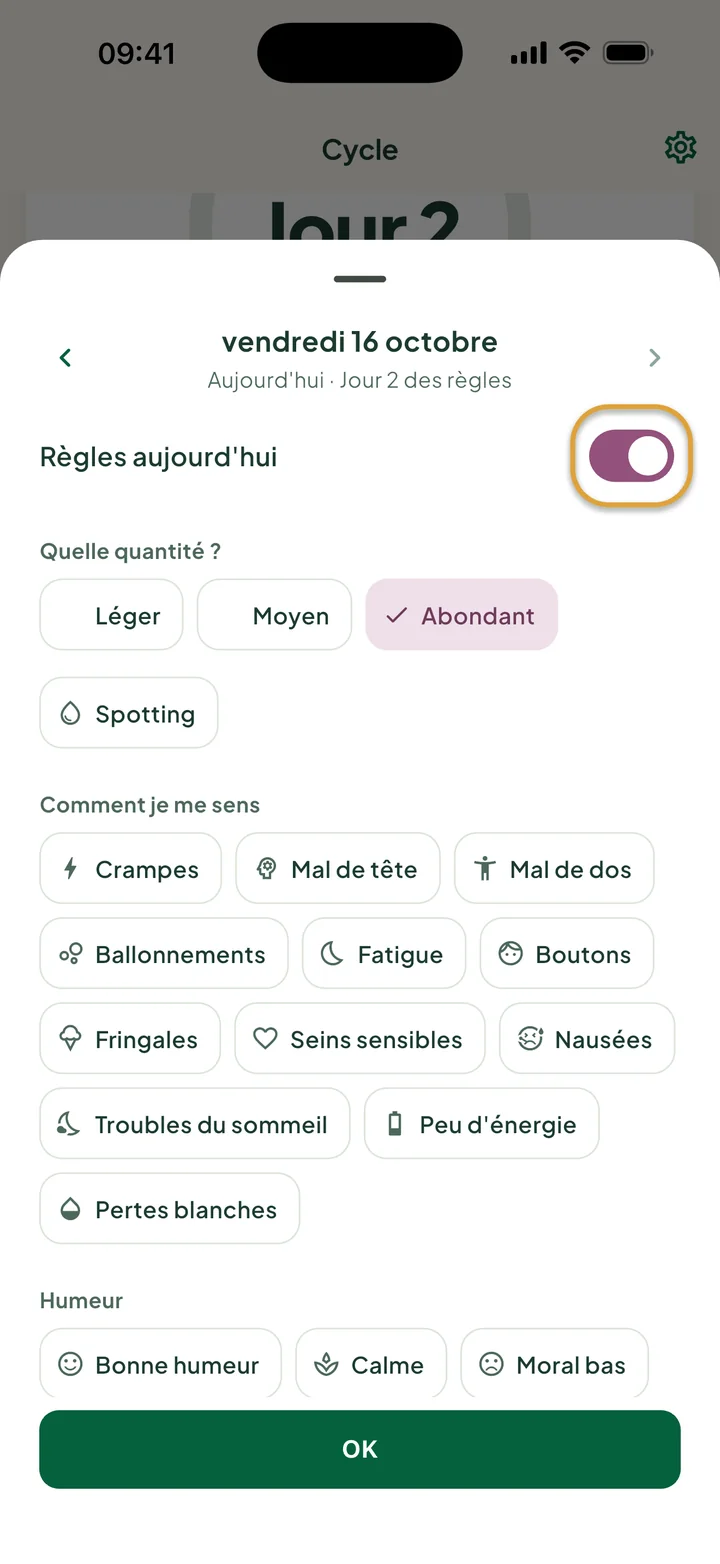 La fiche du vendredi 16 octobre : Règles aujourd'hui est activé et Abondant est choisi. L'interrupteur est entouré.