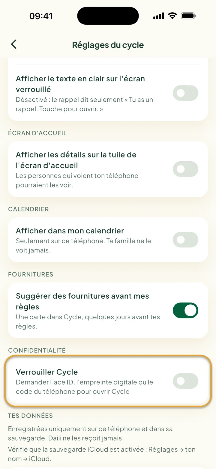Réglages du cycle avec Afficher dans mon calendrier, l'interrupteur des fournitures, Exporter et Importer. Verrouiller Cycle est entouré.