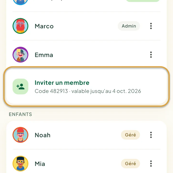 L'écran Famille. Inviter un membre, avec le code actuel et sa date de fin en dessous, est entouré.