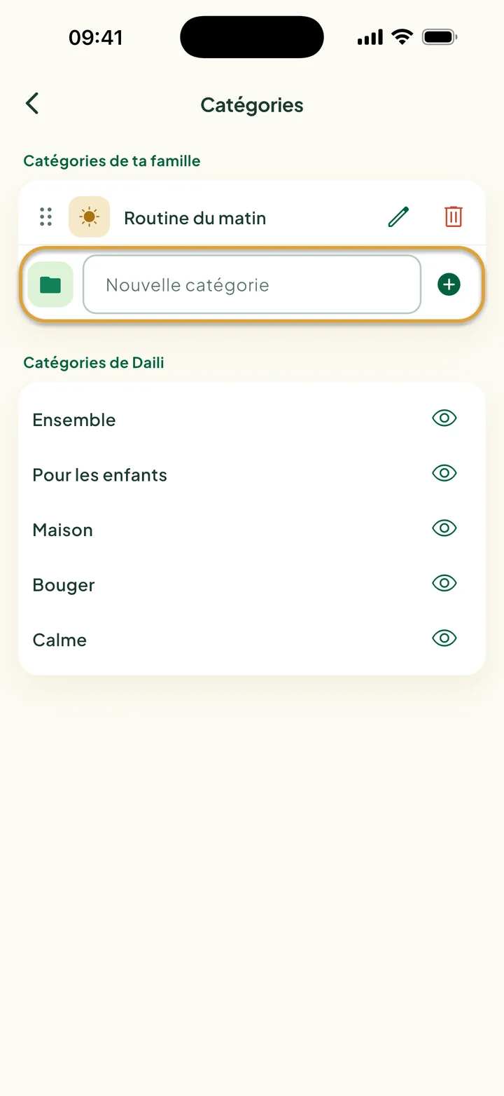L'écran Catégories avec la catégorie Routine du matin. Le champ Nouvelle catégorie est entouré.