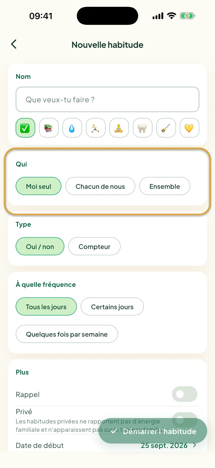 Le formulaire de nouvelle habitude. Les choix de Qui, Moi seul, Chacun de nous et Ensemble, sont entourés.