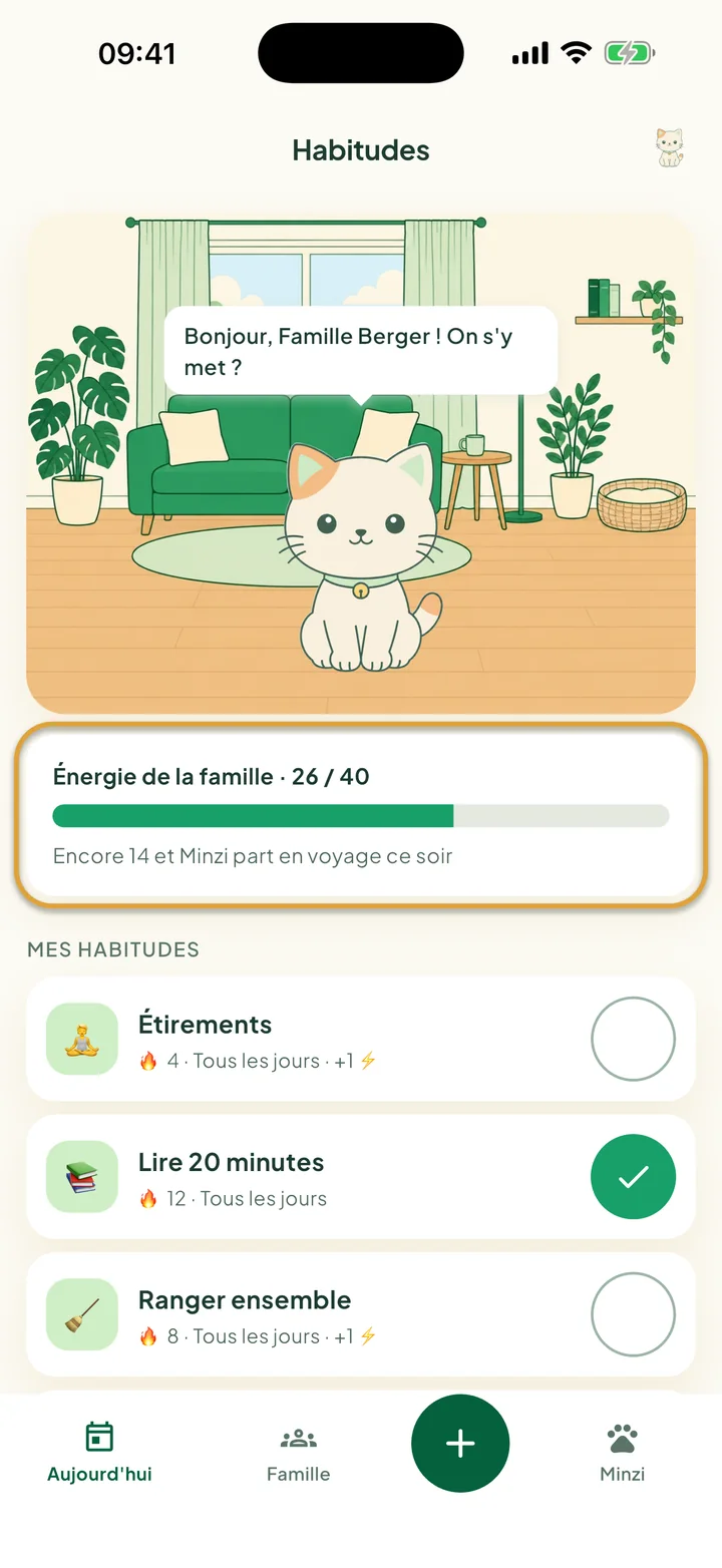 L'écran Habitudes avec Minzi dans sa chambre. La barre Énergie de la famille est entourée.
