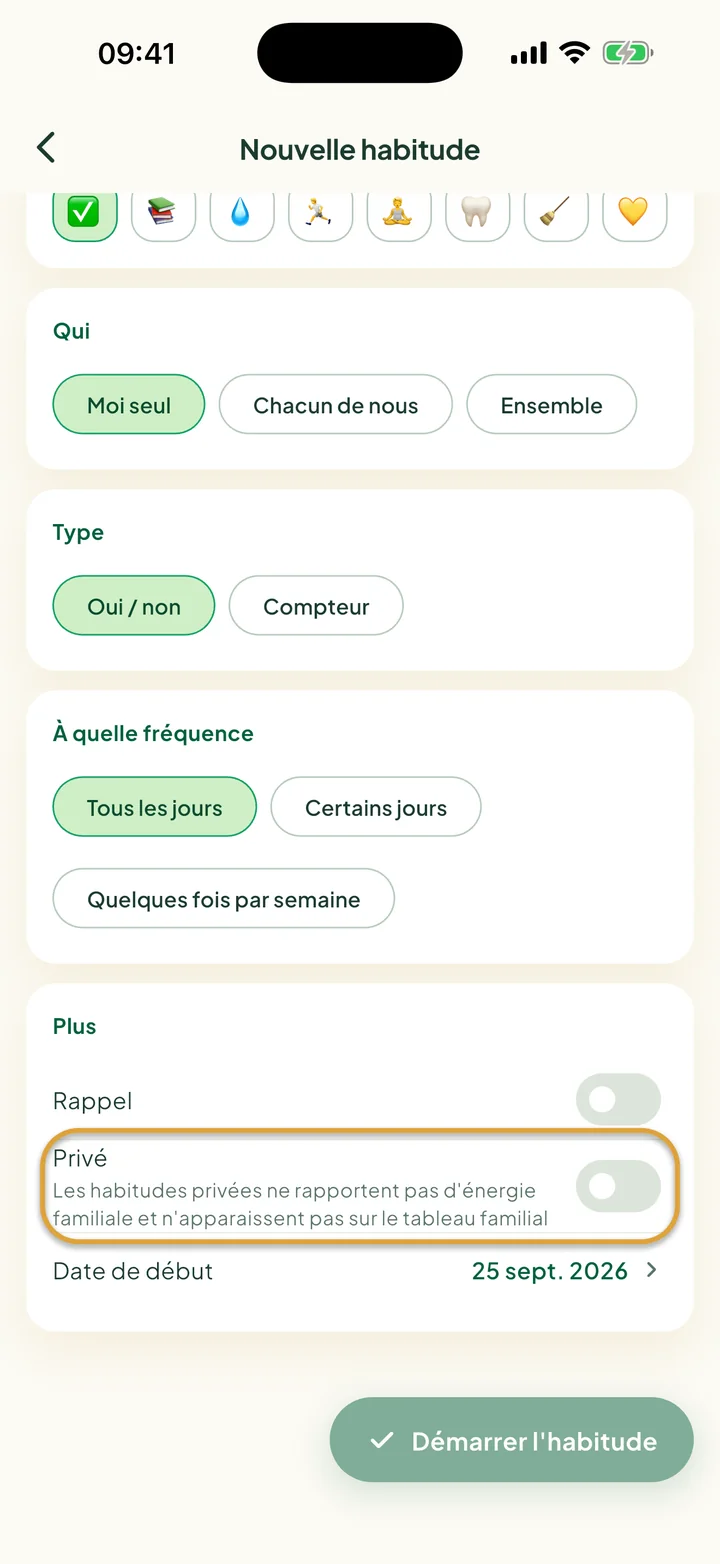 La partie Plus du formulaire de nouvelle habitude. L'interrupteur Privé est entouré.