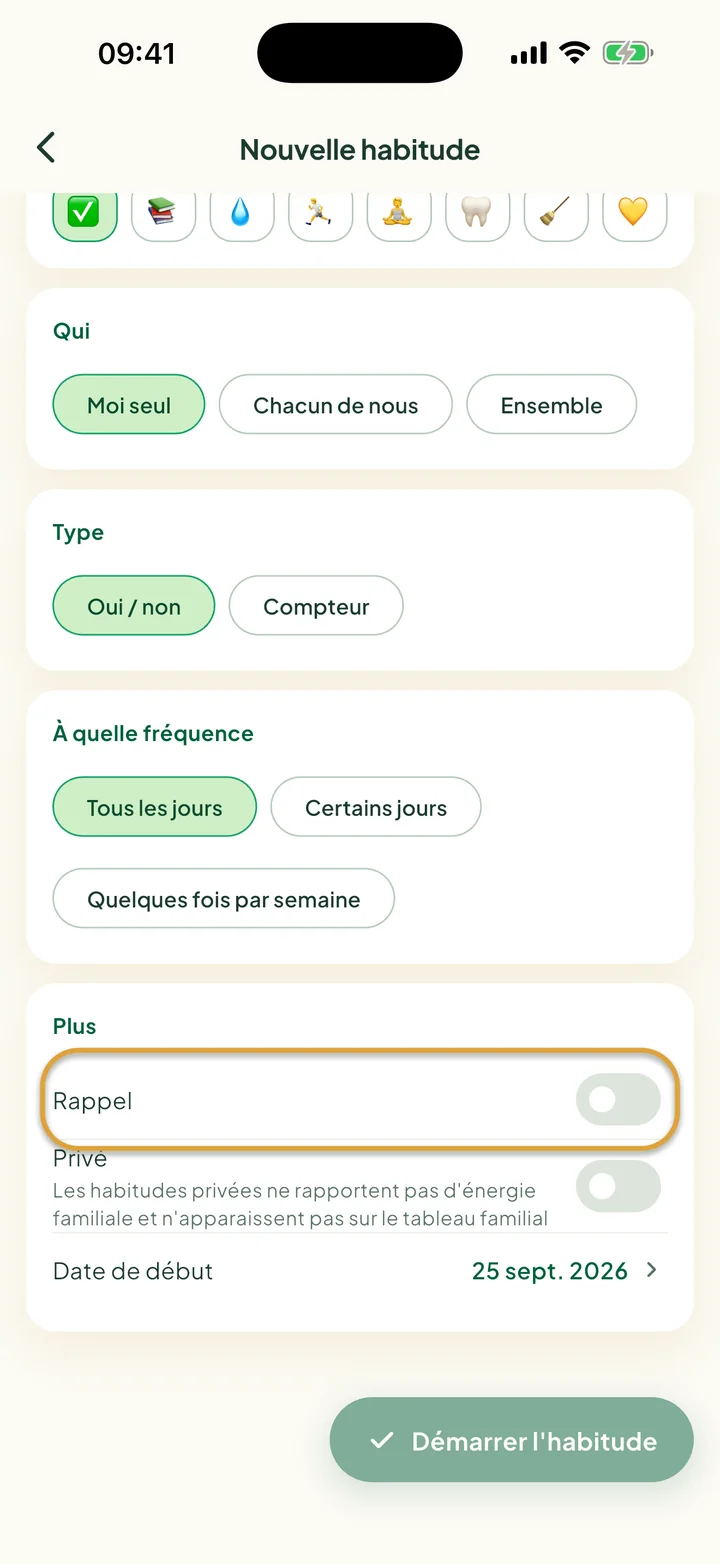 La partie Plus du formulaire de nouvelle habitude. L'interrupteur Rappel est entouré.
