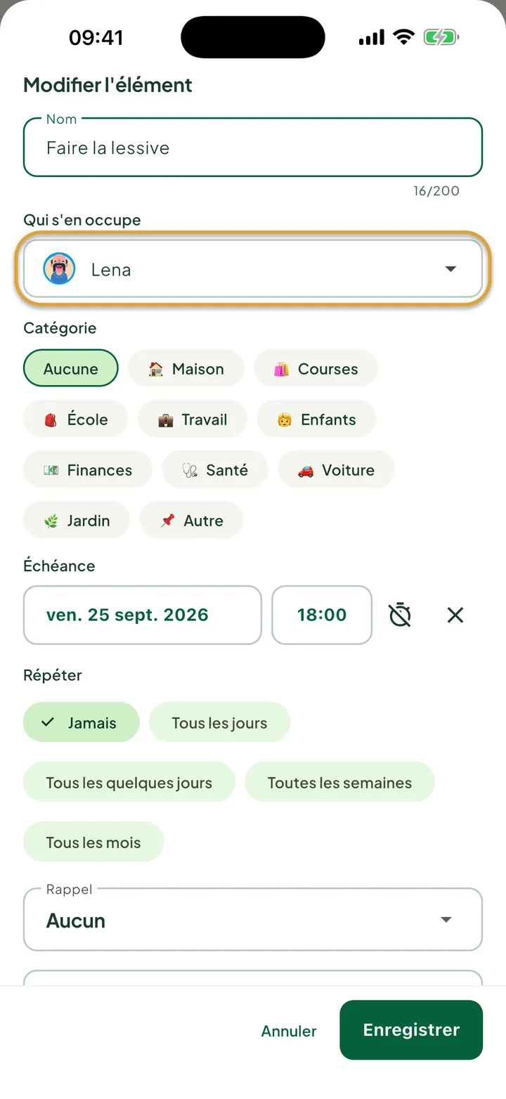 La fiche de modification d'une tâche. Le champ Qui s'en occupe, réglé sur Lena, est entouré.