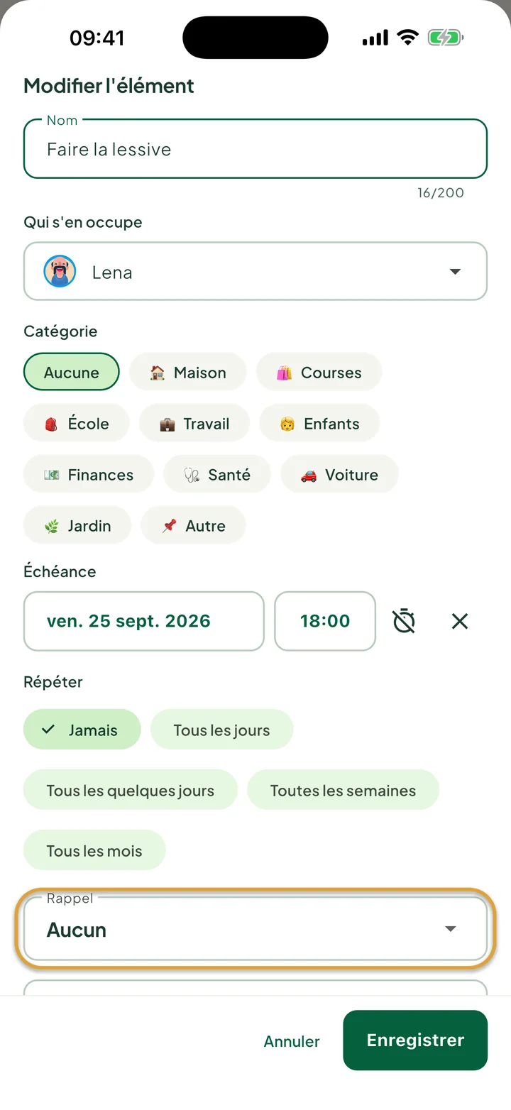 La fiche de modification d'une tâche avec une échéance et une heure. Le champ Rappel est entouré.