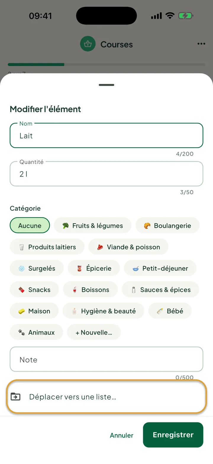 La fiche de modification de Lait. La ligne Déplacer vers une liste… est entourée.