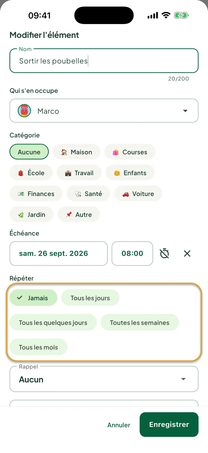 La fiche de modification d'une tâche. Les choix de Répéter, Aucune, Tous les jours, Tous les quelques jours, Toutes les semaines et Tous les mois, sont entourés.