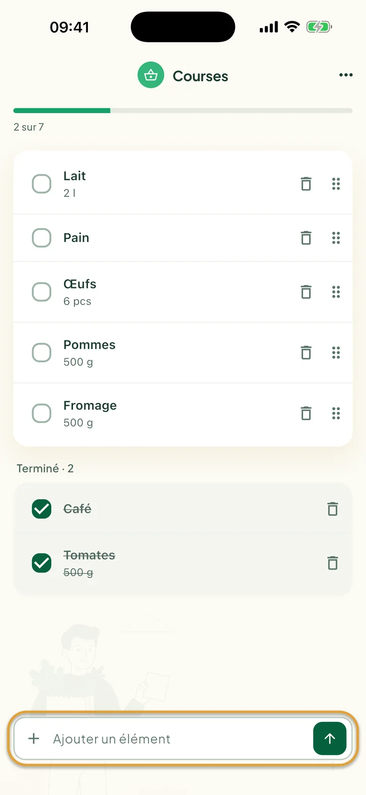 La liste Courses avec des éléments ouverts et deux éléments cochés sous Terminé. La barre Ajouter un élément en bas est entourée.