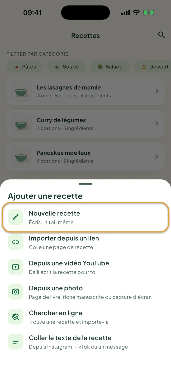 L'écran Recettes avec le menu + ouvert. Nouvelle recette est entouré.