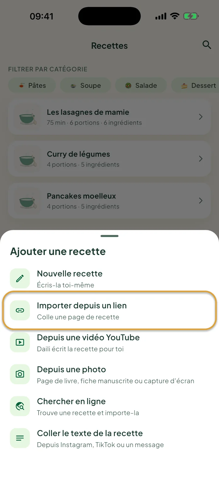 L'écran Recettes avec le menu + ouvert. Importer depuis un lien est entouré.