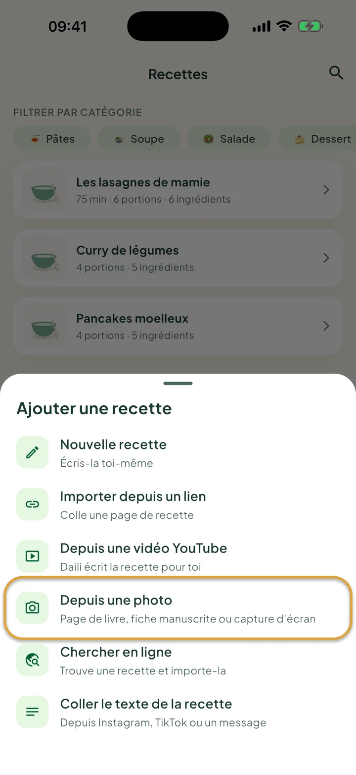 L'écran Recettes avec le menu + ouvert. Depuis une photo est entouré.