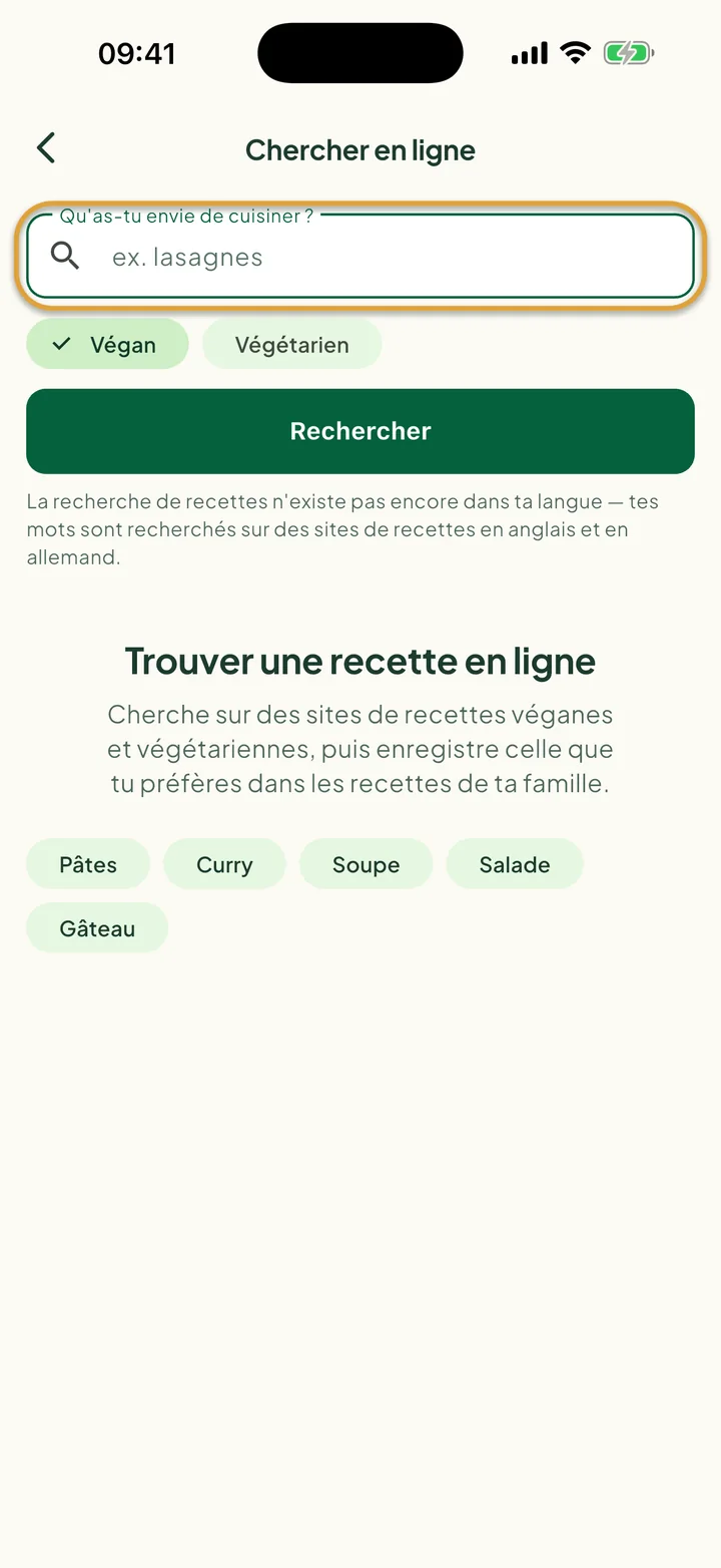 L'écran Chercher en ligne. Le champ Qu'as-tu envie de cuisiner ? est entouré.