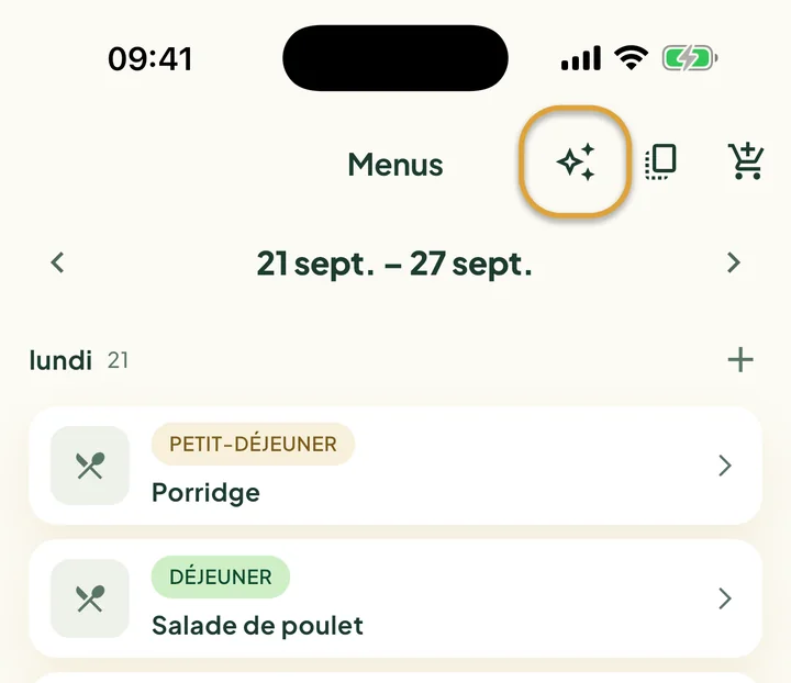 Le haut de l’écran Menus. Le bouton étincelles, à côté du bouton copier, est entouré.