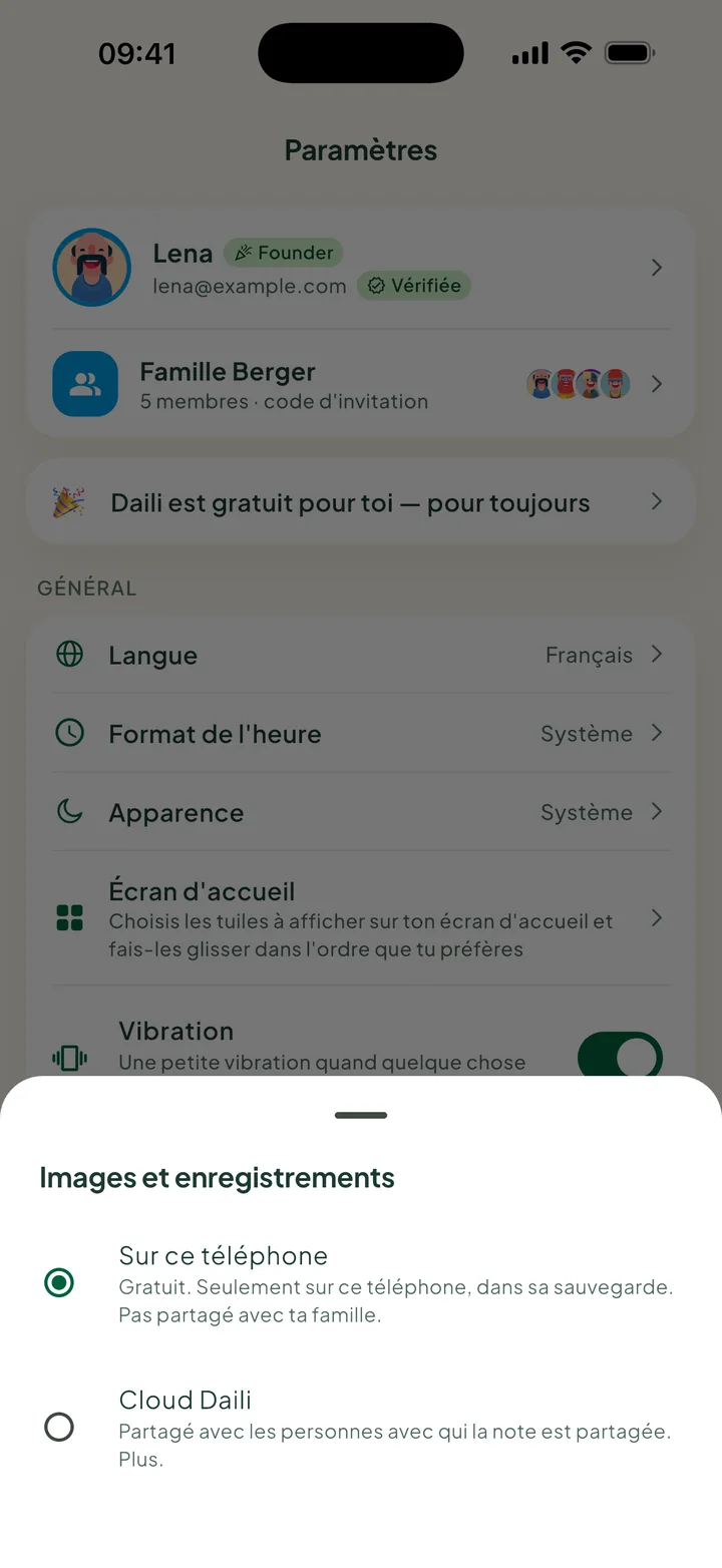 Images et enregistrements, avec Sur ce téléphone choisi et Cloud Daili en dessous.
