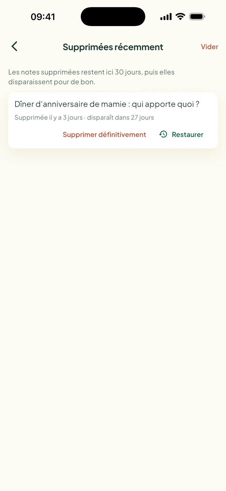 Supprimées récemment. Une note, qui disparaît dans 27 jours, avec Supprimer définitivement et Restaurer.